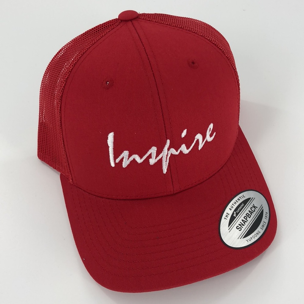Inspire Hat Red Embroiderd Hard front panel Mesh back Plastic adjustable closure